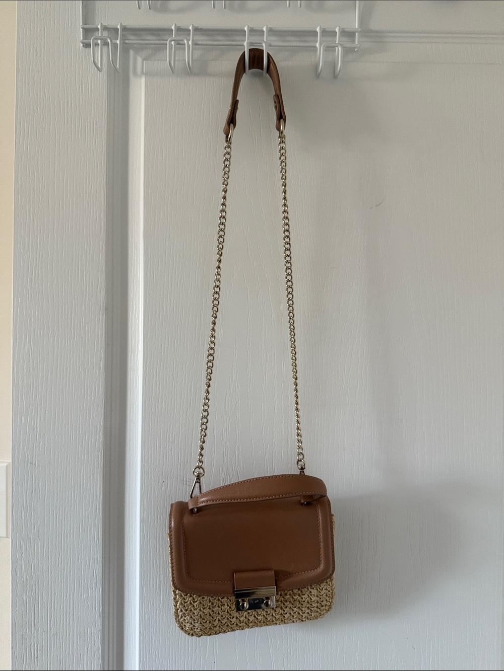H&M Brown Leather & Woven Crossbody with Gold Chain